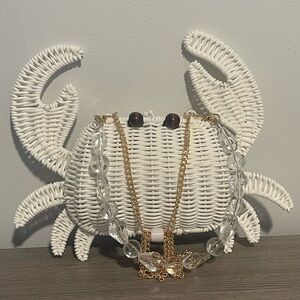 White Wicker Crab Purse with Gold Chain Strap and Clear Bead Handle